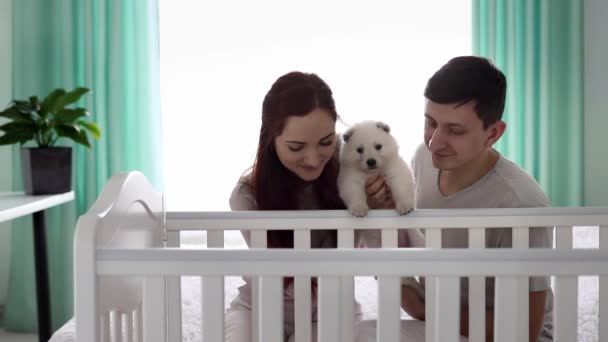 Egy Fiatal Házaspár Egy Kis Fehér Kiskutyával Kiságyba Néz Ahol — Stock videók