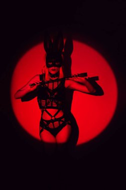 sexy woman in beautiful underwear and a hare mask holds a leather flogger whip in hands for BDSM sex with domination and submission