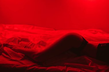 slender girl with a sexy body in beautiful underwear erotically lies on bed in bedroom