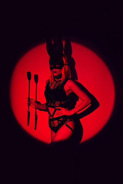 Сексуальная женщина в красивом нижнем белье и маске зайца держит в руках кожаную порку для БДСМ-секса с доминированием и подчинением