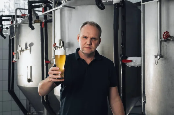 Bira Fabrikasında Bir Bardak Taze Birayla Bira — Stok fotoğraf
