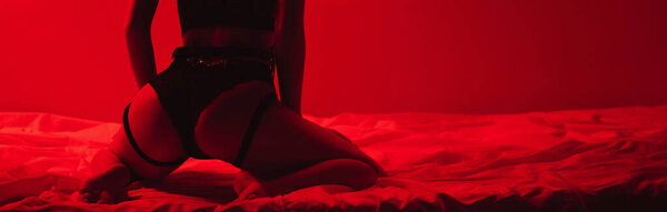 Slender girl with sexy ass in beautiful underwear is sitting sexy on bed in bedroom with her back with a red light. Panoramic wide horizontal photo for banner head cover