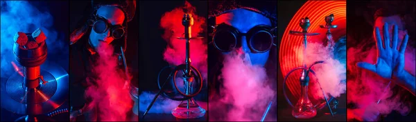 Vízipipa Füstben Neon Fénnyel Sötét Háttérben Kollázs Különböző Képek Shisha — Stock Fotó
