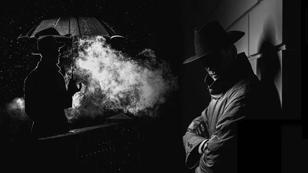 夜深人静的城市里 一个黑黑的间谍侦探 电影风格的黑手党男性轮廓的拼贴 — 图库照片