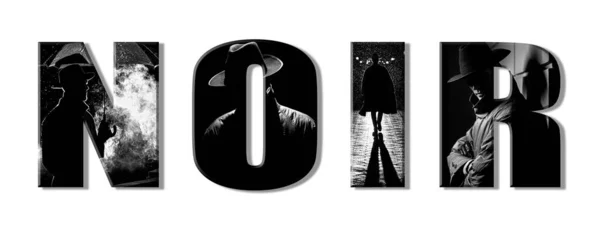 Inscription Noir White Background Collage Man Spy Detective Raincoat Hat — Stock Photo, Image