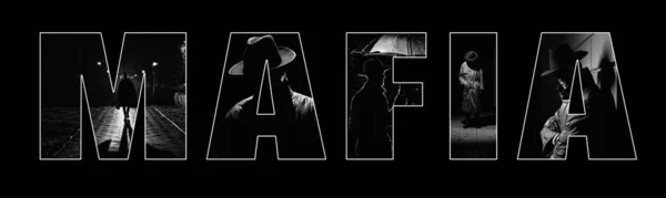 白い背景にマフィアの碑文 コートを着た犯罪者とのコラージュとノアスタイルで夜雨の街で帽子 — ストック写真