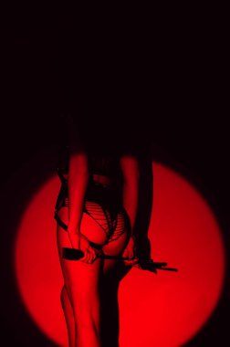 İç çamaşırlı ve külotlu seksi bir kadın elinde bir kırbaç tutuyor BDSM seksi için boyun eğerek ve egemen bir şekilde.