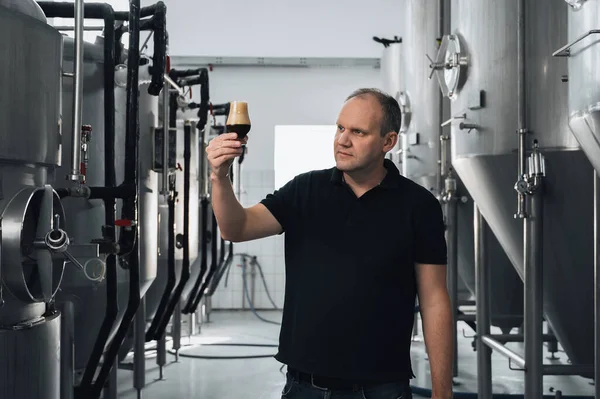 Bira Fabrikasındaki Bira Imalatçısı Kalitesini Bir Bardak Taze Birayla Kontrol — Stok fotoğraf