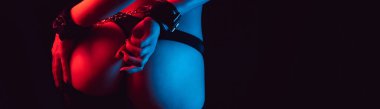 girl hands in handcuffs on a sexy erotic slender ass. BDSM role-playing sexual games with submission and domination. Panoramic wide horizontal photo for banner head cover