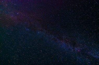 Parlak Samanyolu ve galaksileri olan yıldızlı çok renkli gece gökyüzü. Birçok yıldız ve takımyıldızı olan bir astrofotoğrafçılık