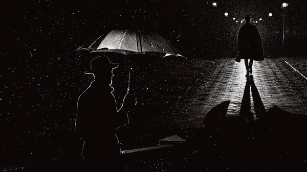 Силуэт Детектива Шпиона Стиле Нуар Коллаж Мужчиной Плаще Шляпе Дождливом — стоковое фото