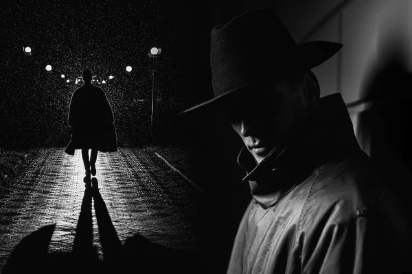 夜深人静的城市里 一个黑黑的间谍侦探 电影风格的黑手党男性轮廓的拼贴 — 图库照片
