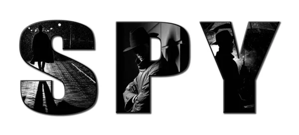 碑文白い背景にスパイ レインコートとノアスタイルの帽子の男性刑事とのコラージュ — ストック写真