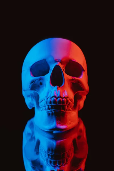 Crâne Humain Avec Miroir Réfléchissant Avec Lumière Néon Colorée Sur — Photo
