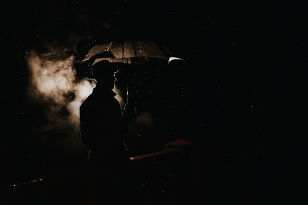 Silhouette Noir Style Male Mafia Detective Raincoat Hat Umbrella Rainy — Photo