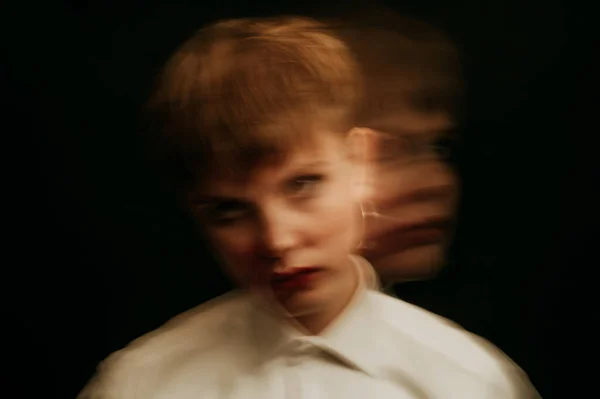 Psychopath Mental Disorders Insanity Dark Background Blurry Portrait Woman Straitjacket — 스톡 사진