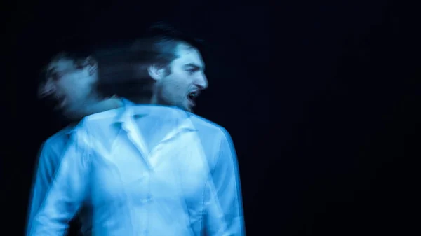 Schizophrenic Portrait Psychopathic Man Mental Disorders White Shirt Dark Background — Zdjęcie stockowe