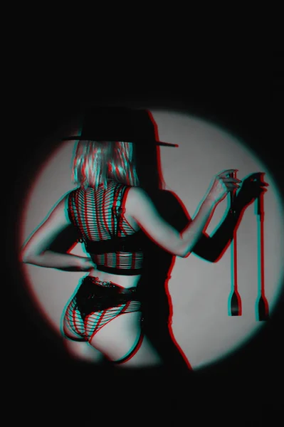 革の鞭Bdsmのセクシーな戦利品を持つ支配的な女性下着と帽子で彼女の手の中にFlogger 3Dグリッチで黒と白の仮想現実効果 — ストック写真