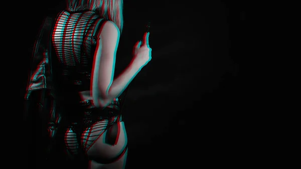穿着漂亮内衣裤的性感女人手里拿着皮鞭鞭子 以控制和顺从的方式进行Bdsm性爱 黑色和白色 具有3D小故障的虚拟现实效果 — 图库照片
