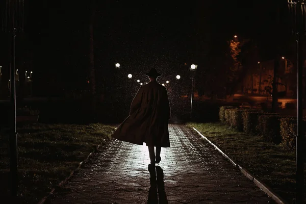 Male Detective Hat Raincoat Night Rainy City Style Film Noir — Zdjęcie stockowe