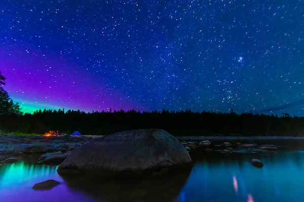 Night Landscape Starry Sky Milky Way Stars Constellations Water Lake — Stock Photo, Image