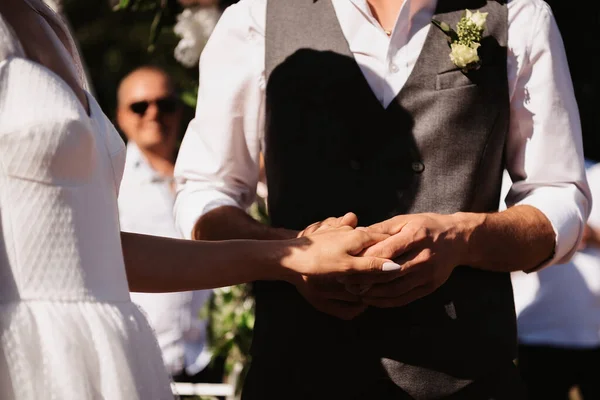 Hands Bride Groom Hold Together Wedding Day Festive Ceremony — Stock Photo, Image