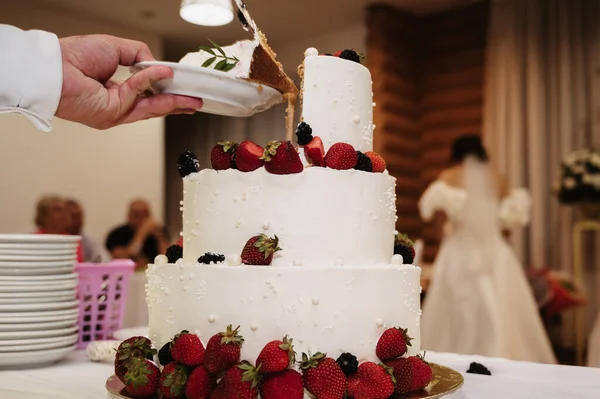 grooms hand cuts the wedding cake into pieces with a knife
