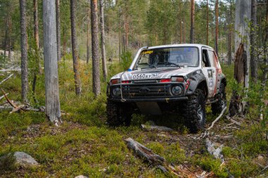 KARELİYA, RUSSIA REUKLİK - CIRCA HAZİRAN, 2022: Ladoga Gölü çevresindeki off-road turnuvası Ladoga Kupası 2022. Niva 4x4 off-road arabaları doğada kayalarla ormanda yarışır.