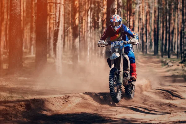 Motociclista Enduro Deportes Motocicleta Paseos Rápido Una Carretera Polvorienta Bosque —  Fotos de Stock