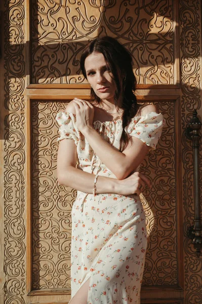 Brunette Girl Dress Poses Ancient Door — Stock Photo, Image