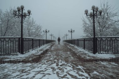 Siluet sırtlı adam manyak sisli bir köprüde yürüyor kışın karlı ve sisli fenerlerle