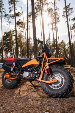 KARELİYA, RUSSIA REÜKLİK - CIRCA HAZİRAN 2022: Karelia 'da Ladoga Kupası 2022 off-road turnuvası. Güneşli bir günde ormana park edilmiş özel spor motosikleti.