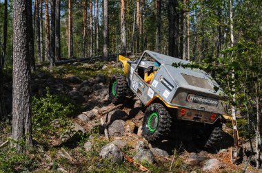 KARELİYA, RUSSIA REUKLİK - CIRCA HAZİRAN, 2022: Ladoga Gölü çevresindeki off-road turnuvası Ladoga Kupası 2022. 4x4 Jeep arazi aracı ormanın ortasında kayaların üzerinden geçiyor.