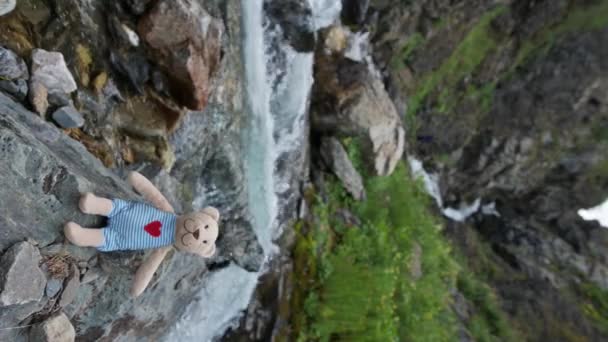 Plyšový Plyšový Medvídek Sedí Skále Horské Řeky Výletě Létě Svislý — Stock video