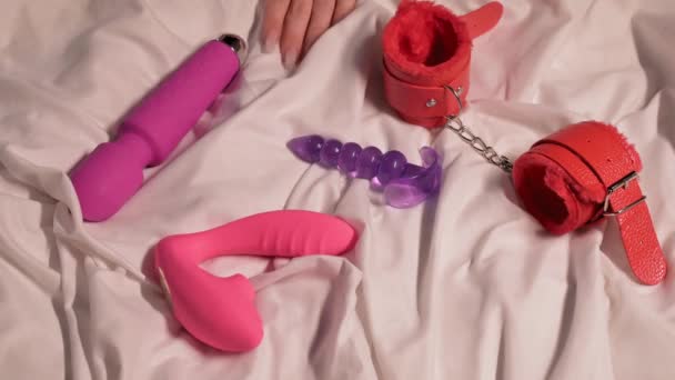 Female Hand Set Sex Toys Single Masturbation Satisfaction White Sheet — Wideo stockowe