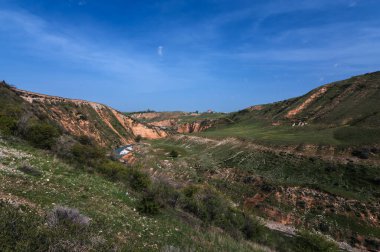 Baharda mavi gökyüzünün altında Kazakistan 'da Kanyon ve Aksu nehri manzarası