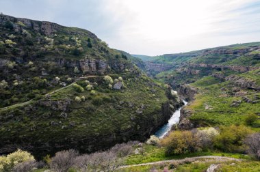 Aksu Kanyonu 'nun panoramik manzarası. İlkbaharda Kazakistan' da kayalıklarda nehir var.
