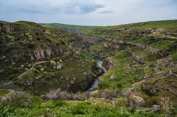 Kazakistan 'daki ilkbahar nehrinde mavi suyla Aksu Kanyonu' nun panoramik manzarası