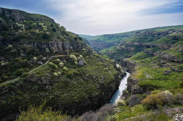 Aksu Kanyonu 'nun panoramik manzarası. İlkbaharda Kazakistan' da kayalıklarda nehir var.