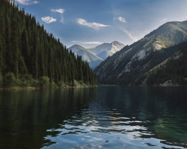 Yazın Kazakistan 'daki Tien Shan dağlarında Kolsay Gölü ile manzara