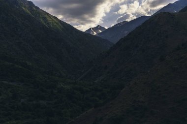 Kazakistan 'daki Tien Shan Dağları' nda bir dağ tepesi ve karlı bir buzulla kaplı bir manzara.