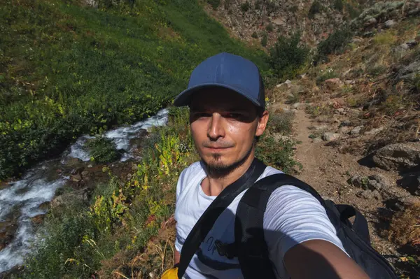 Selfie White Caucasian Male Tourist Beard Hike Kaskasu Gorge River — Stock Photo, Image