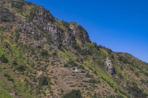 Montañas Rocosas Con Hierba Verde Bajo Cielo Azul Verano — Foto de Stock