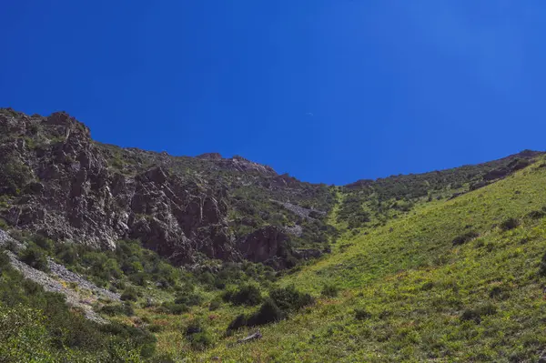 Rocky Vuoret Vihreä Ruoho Alla Sininen Taivas Kesällä — kuvapankkivalokuva