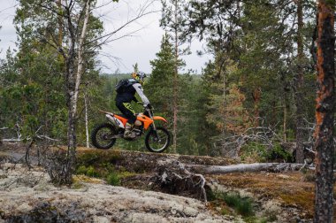 KARELİYA, RUSSIA REÜKLİK - CIRCA HAZİRAN 2022: Karelia 'da Ladoga Kupası 2022 off-road turnuvası. Spora dayanıklı motosiklet kullanan bir motosikletçi zorlu bir orman arazisinde motosiklet yarışı yapıyor.