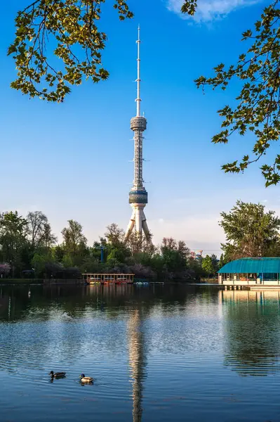 ウズベキスタンのタシケントのテレビ塔は 春の青空の下の川の水を反映しています — ストック写真