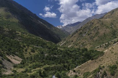 Gökyüzü bulutlu dağlarda yeşil bir vadi manzaralı bir panorama.