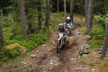 KARELİYA, RUSSIA REÜKLİK - CIRCA HAZİRAN 2022: Karelia 'da Ladoga Kupası 2022 off-road turnuvası. Enduro spor motosikletine binen motosikletli bir motosikletli ormandaki kayaların üzerinde motokros yarışı yapıyor.