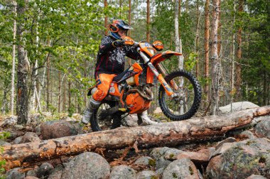 KARELİYA, RUSSIA REÜKLİK - CIRCA HAZİRAN 2022: Karelia 'da Ladoga Kupası 2022 off-road turnuvası. Bir motosiklet yarışçısı yarış pistinde bir engelin üzerinden atlıyor.