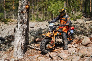 KARELİYA, RUSSIA REÜKLİK - CIRCA HAZİRAN 2022: Karelia 'da Ladoga Kupası 2022 off-road turnuvası. Spor off-road motosiklet yarışçıları yarış pistinin zorlu bir kayalık kısmının üstesinden geliyorlar.